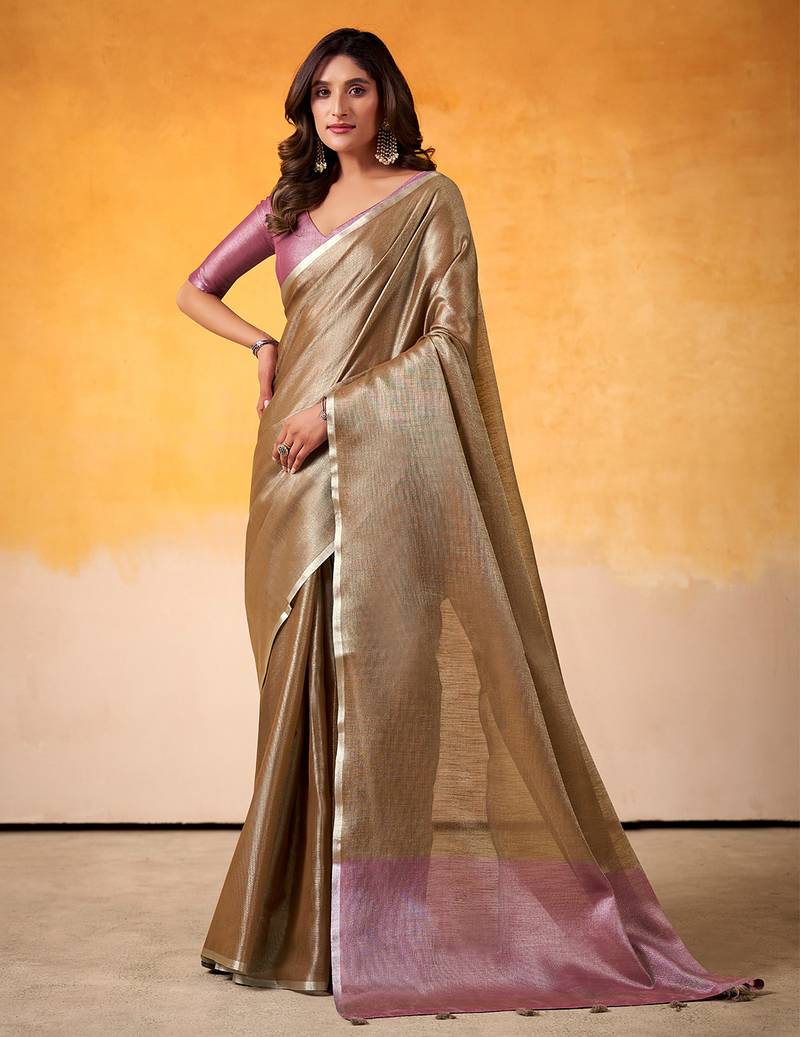 bronze & lavender solid tissue linen saree with zari border