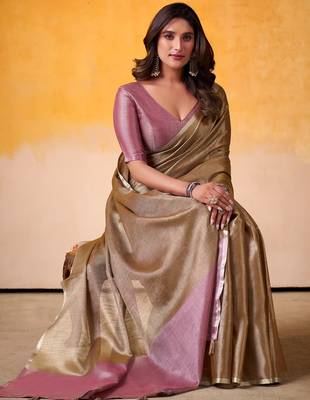 bronze & lavender solid tissue linen saree with zari border 2