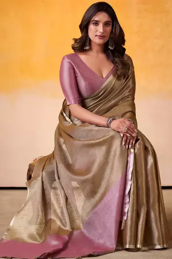 bronze & lavender solid tissue linen saree with zari border