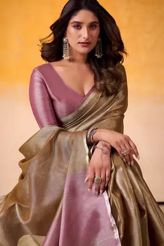 bronze & lavender solid tissue linen saree with zari border