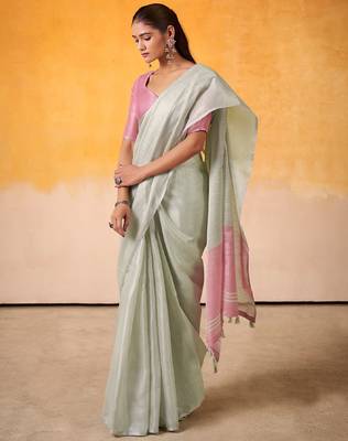 mint green & pink solid tissue linen saree with zari border 2