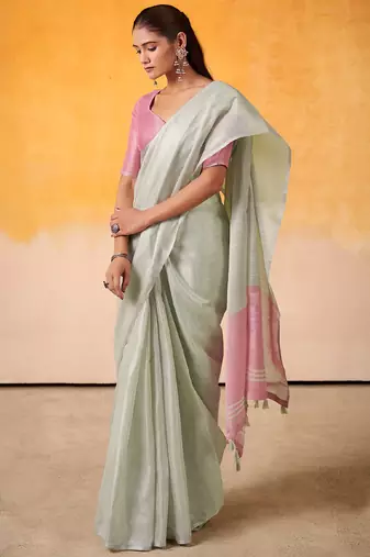 mint green & pink solid tissue linen saree with zari border