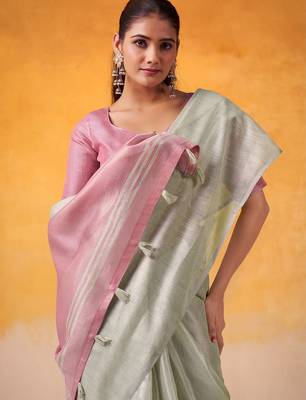 mint green & pink solid tissue linen saree with zari border 3