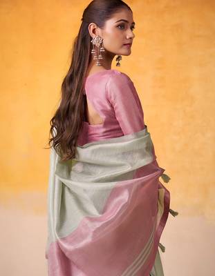 mint green & pink solid tissue linen saree with zari border 4