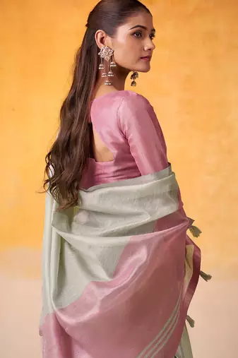mint green & pink solid tissue linen saree with zari border