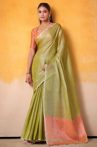 lime green & peach-coloured solid tissue linen saree with zari border