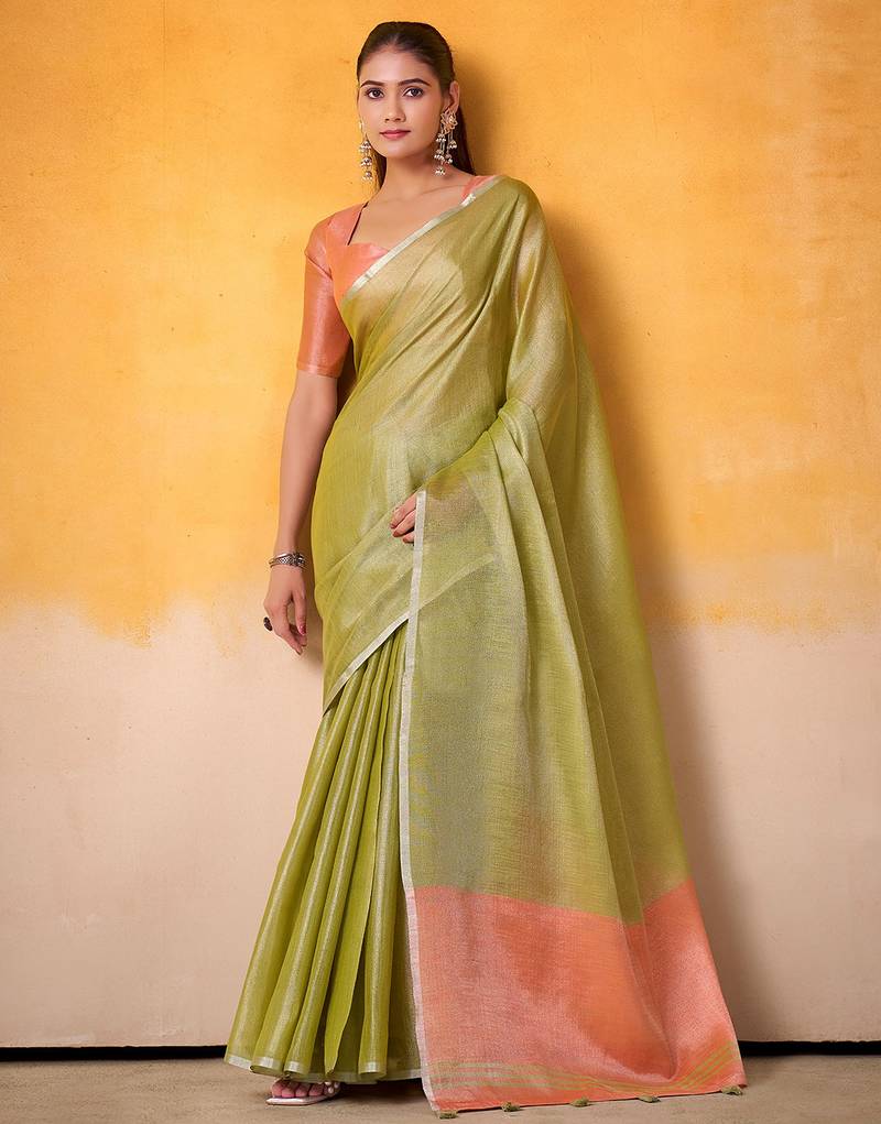 lime green & peach-coloured solid tissue linen saree with zari border