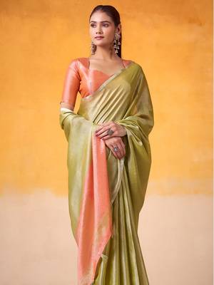 lime green & peach-coloured solid tissue linen saree with zari border 2