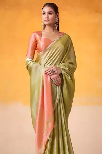 lime green & peach-coloured solid tissue linen saree with zari border