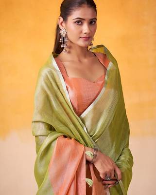 lime green & peach-coloured solid tissue linen saree with zari border 3