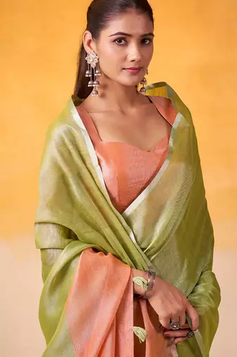 lime green & peach-coloured solid tissue linen saree with zari border