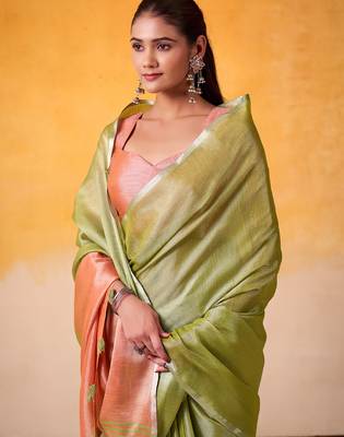 lime green & peach-coloured solid tissue linen saree with zari border 4