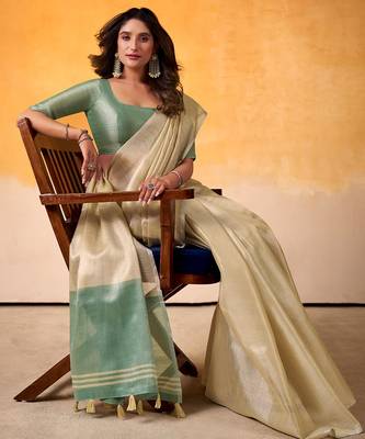 beige & sea green solid tissue linen saree with zari border 2