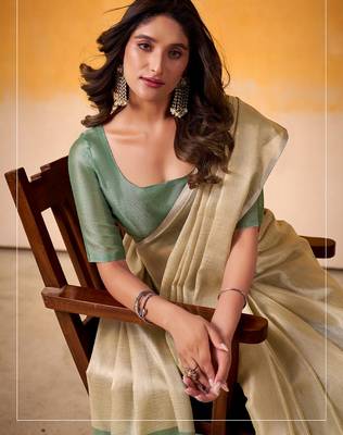 beige & sea green solid tissue linen saree with zari border 3
