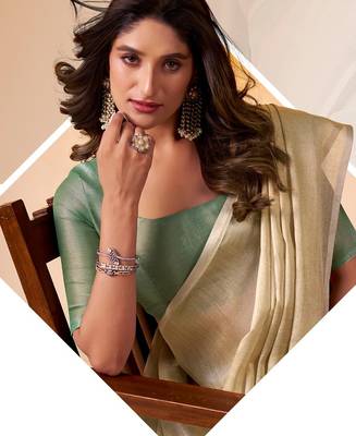 beige & sea green solid tissue linen saree with zari border 4