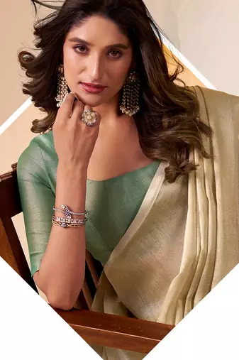 beige & sea green solid tissue linen saree with zari border