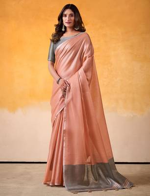 peach & grey solid tissue linen saree with zari border 1