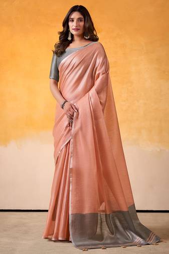 peach & grey solid tissue linen saree with zari border