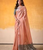 peach & grey solid tissue linen saree with zari border