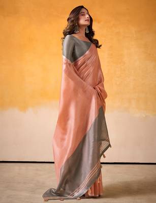 peach & grey solid tissue linen saree with zari border 2