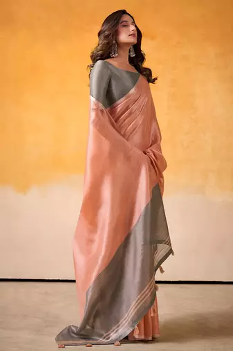 peach & grey solid tissue linen saree with zari border