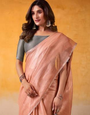 peach & grey solid tissue linen saree with zari border 4