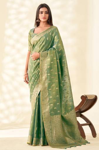 green woven banarasi tissue silk blend saree