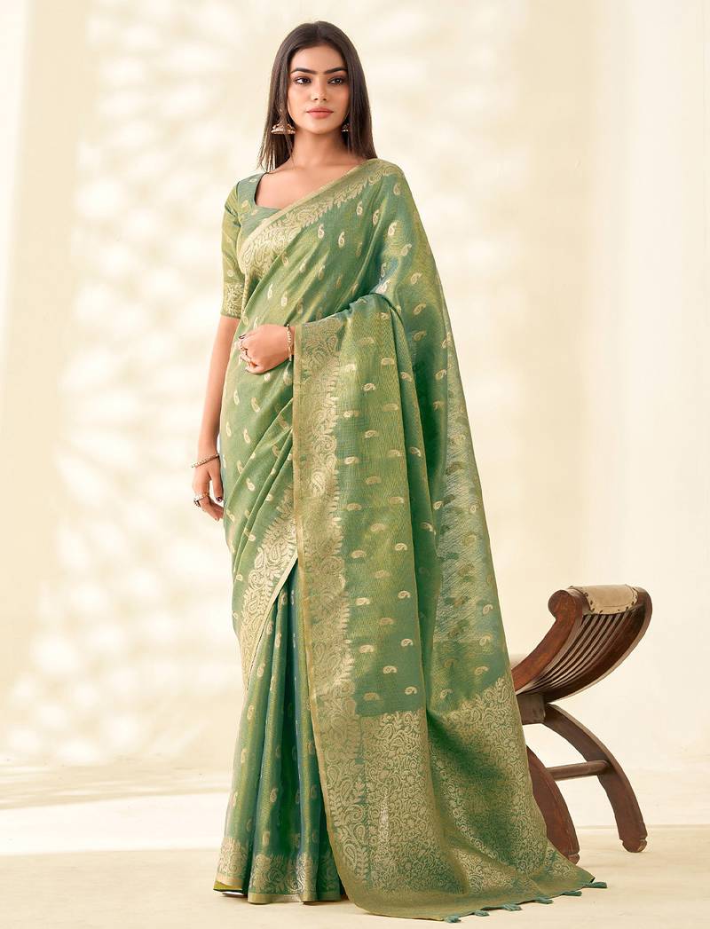 green woven banarasi tissue silk blend saree