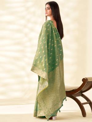 green woven banarasi tissue silk blend saree 2
