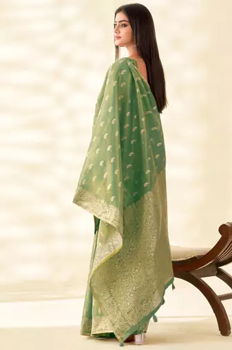 green woven banarasi tissue silk blend saree