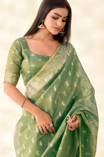 green woven banarasi tissue silk blend saree
