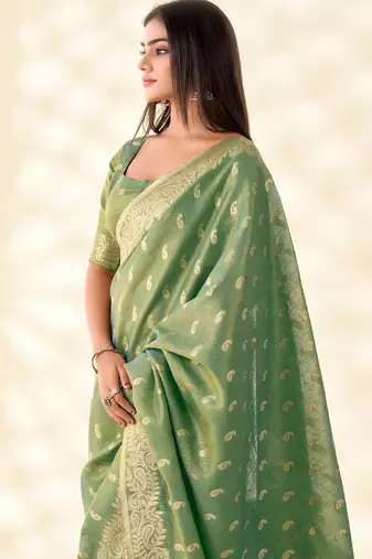 green woven banarasi tissue silk blend saree