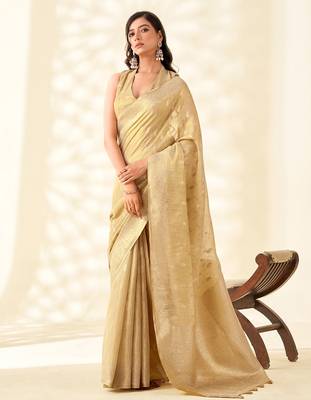 golden beige woven banarasi tissue silk blend saree 1