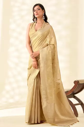 golden beige woven banarasi tissue silk blend saree