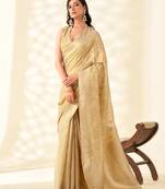 golden beige woven banarasi tissue silk blend saree