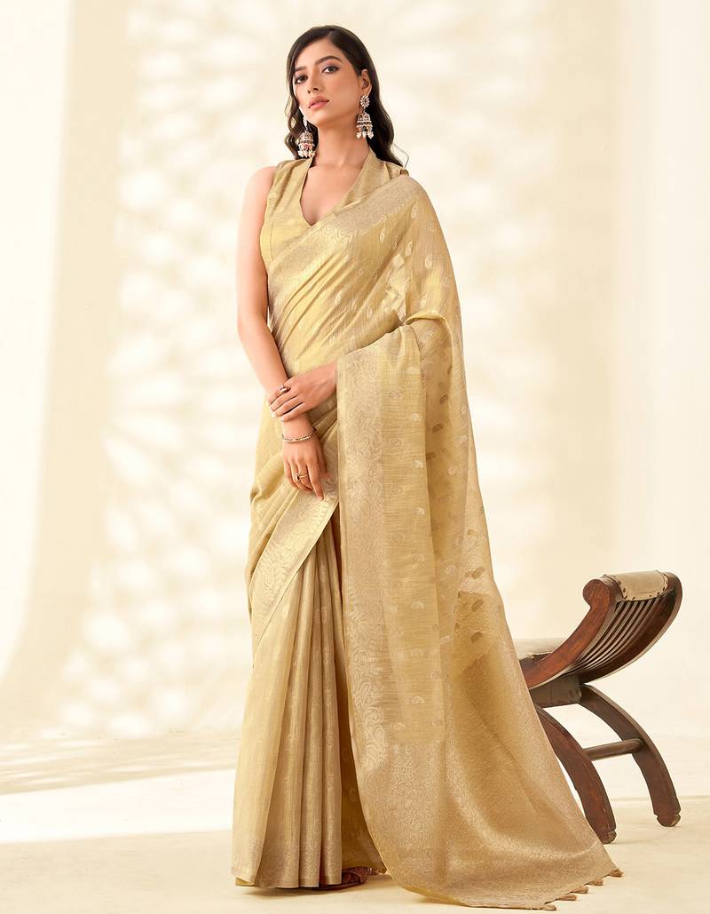 golden beige woven banarasi tissue silk blend saree