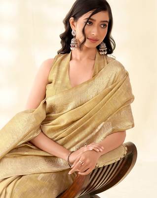 golden beige woven banarasi tissue silk blend saree 2