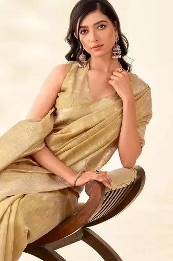 golden beige woven banarasi tissue silk blend saree
