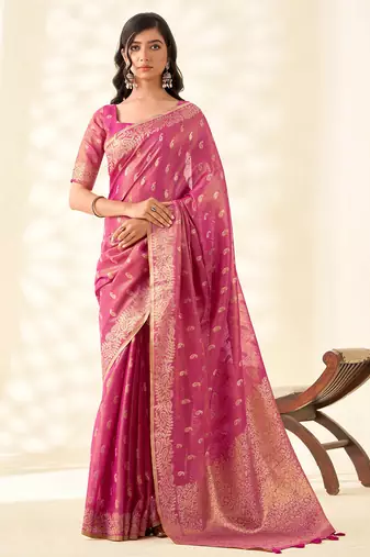magenta pink woven banarasi tissue silk blend saree
