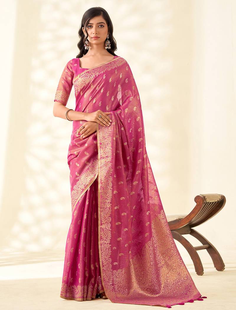 magenta pink woven banarasi tissue silk blend saree