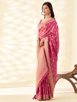 magenta pink woven banarasi tissue silk blend saree 2
