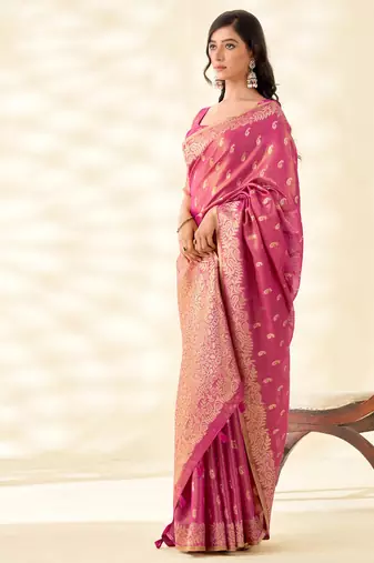magenta pink woven banarasi tissue silk blend saree