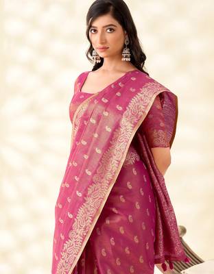 magenta pink woven banarasi tissue silk blend saree 3