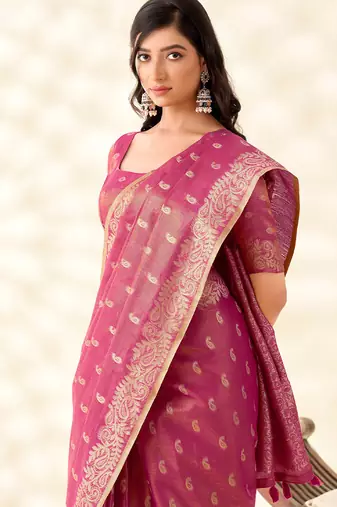 magenta pink woven banarasi tissue silk blend saree