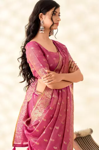 magenta pink woven banarasi tissue silk blend saree