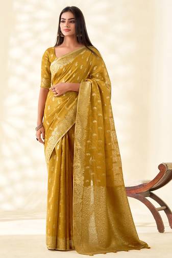 mustard yellow woven banarasi tissue silk blend saree
