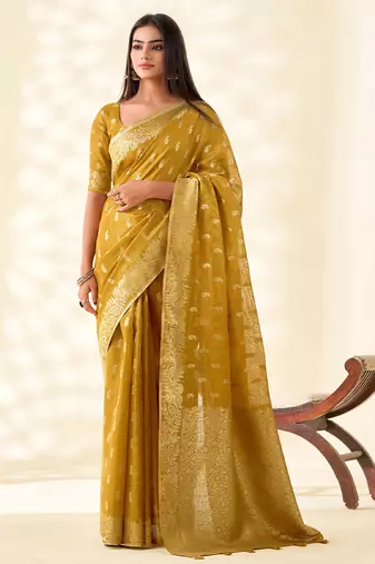 mustard yellow woven banarasi tissue silk blend saree