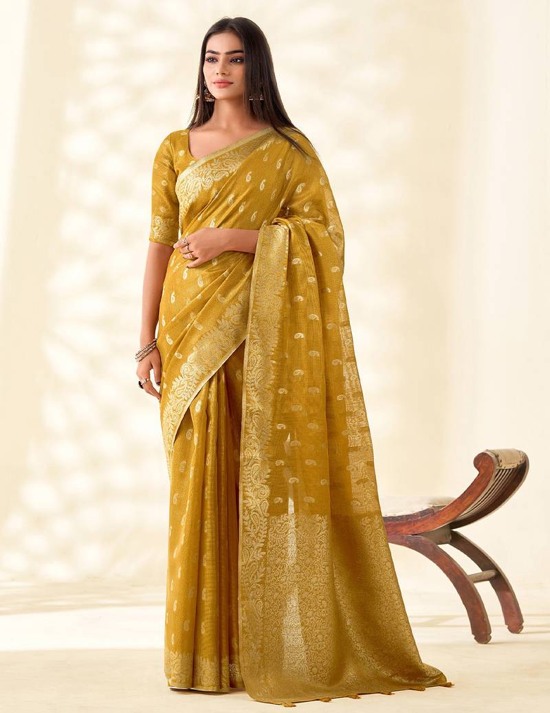 mustard yellow woven banarasi tissue silk blend saree