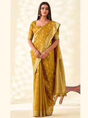 mustard yellow woven banarasi tissue silk blend saree 2
