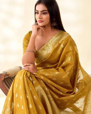 mustard yellow woven banarasi tissue silk blend saree 3